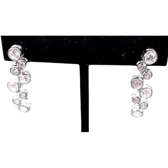 Vintage Sterling Silver Drop Earrings With Brilliant White Cubic Zirconia Stones - Picture 2 of 3